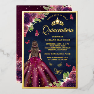 Plum Floral Butterfly Navy Blue Quinceanera Gold Folieneinladung