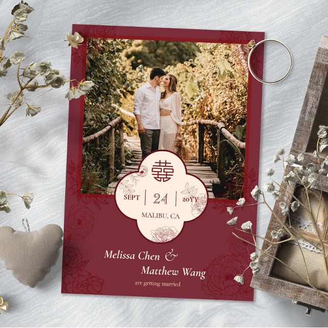 Plum Floral Chinese Wedding Foto Save the Date (Plum Floral Chinese Wedding Photo Save the Date)