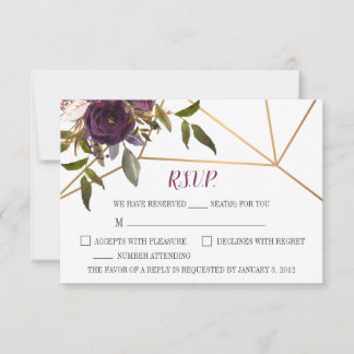Plum floral Imitats Gold Geometric Wedding RSVP Ca Karte