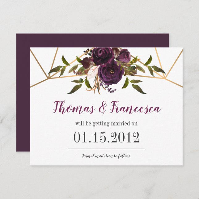 Plum Floral Imitats Goldene geometrische Save the  Einladung (Vorne/Hinten)