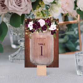 Plum Floral Rustic Wood Mason Jar Wedding Tischnummer