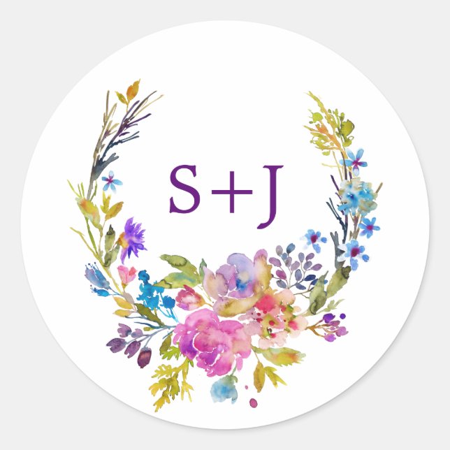 Plum Floral Wreath Monogram Wedding Umschlag Aufkl Runder Aufkleber (Vorderseite)