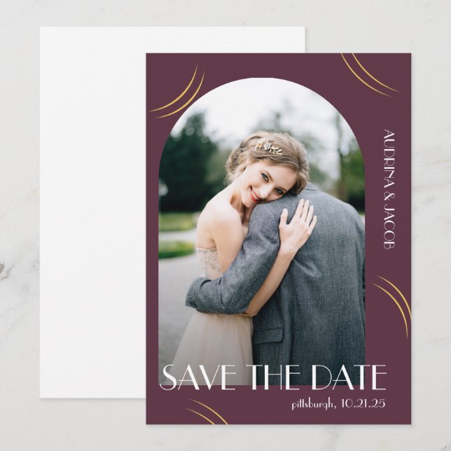Plum Foto Big Typografy Wedding Save The Date (Vorne/Hinten)