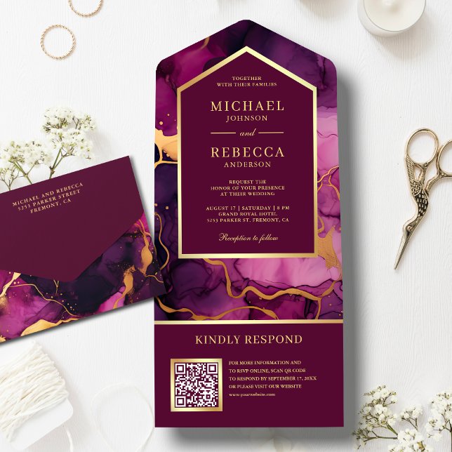 Plum Gold Abstrakt Fluid Ink QR Code Wedding All In One Einladung (Von Creator hochgeladen)