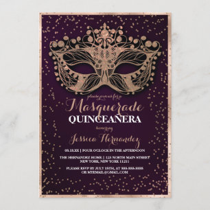 Plum Gold Glitzer Confetti Masquerade Quinceañera Einladung