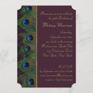 Plum, Gold Peacock Federn Geburtstagsfeier Einladu Einladung