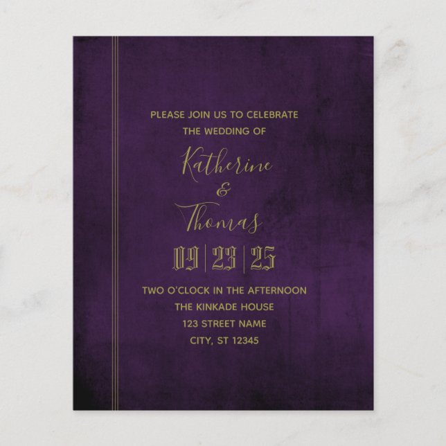 Plum & Gold Regal Wedding Einladung Budget Flyer (Vorne)