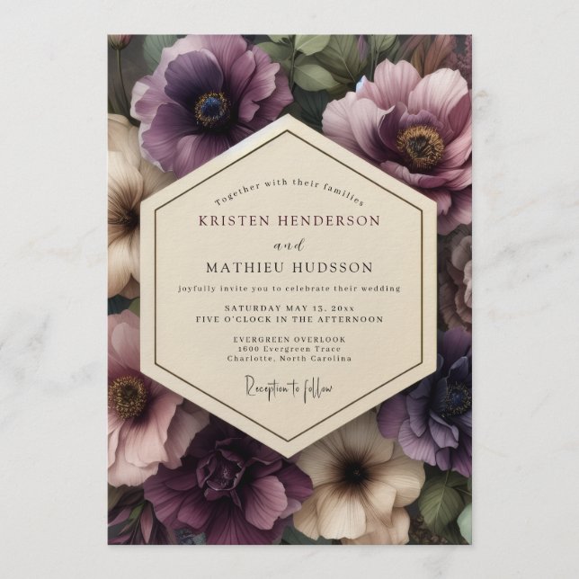 Plum Gothic Bloom Wedding Einladung (Vorderseite)
