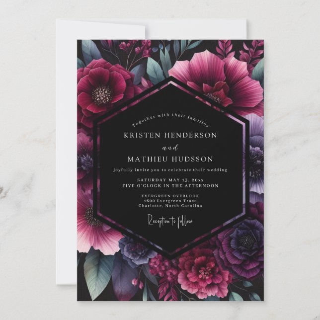 Plum Gothic Floral Wedding Einladung (Vorderseite)