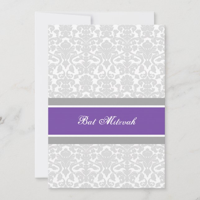 Plum Gray Damask Bat Mitzvah Einladungen (Vorderseite)