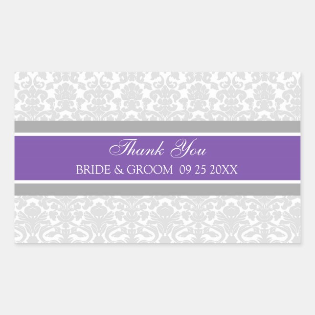 Plum Gray Damask Vielen Dank Gastgeschenk Hochzeit Rechteckiger Aufkleber (Vorderseite)