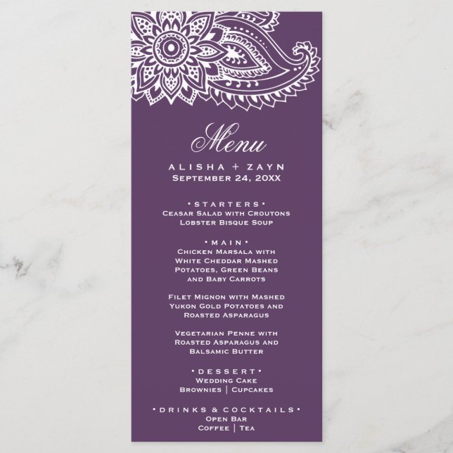 Plum Indian Paisley Dinner Menu Card Menükarte (Vorderseite)