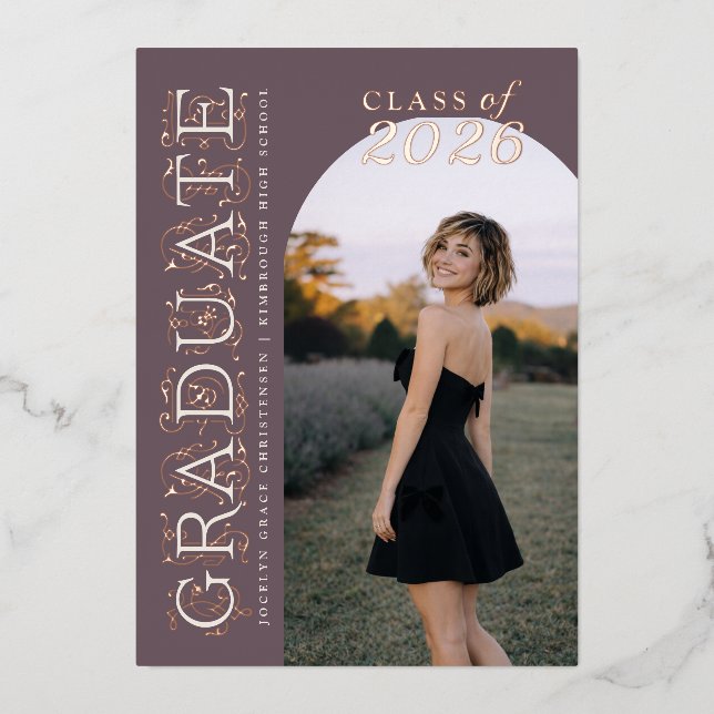 Plum Ivory Photo Graduation Rose Gold Folieneinladung (Vorderseite)