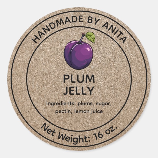 Plum Jelly Jar Label Kraft Paper Style Runder Aufkleber (Vorderseite)