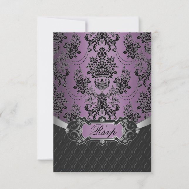 Plum Lapis Lila Black Damask RSVP Cards (Vorderseite)