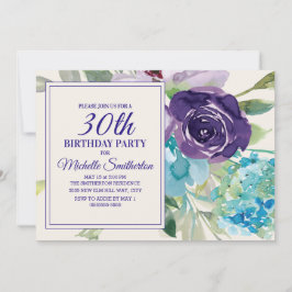 Plum Lila Blue Watercolor Floral 30. Geburtstag Einladung