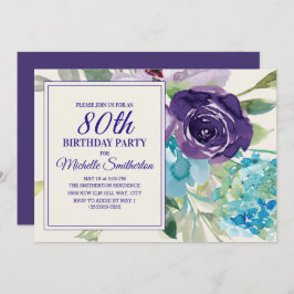 Plum Lila Blue Watercolor Floral 80. Geburtstag Einladung