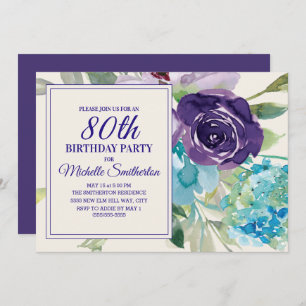 Plum Lila Blue Watercolor Floral 80. Geburtstag Einladung