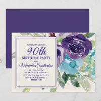 Plum Lila Blue Watercolor Floral 90. Geburtstag
