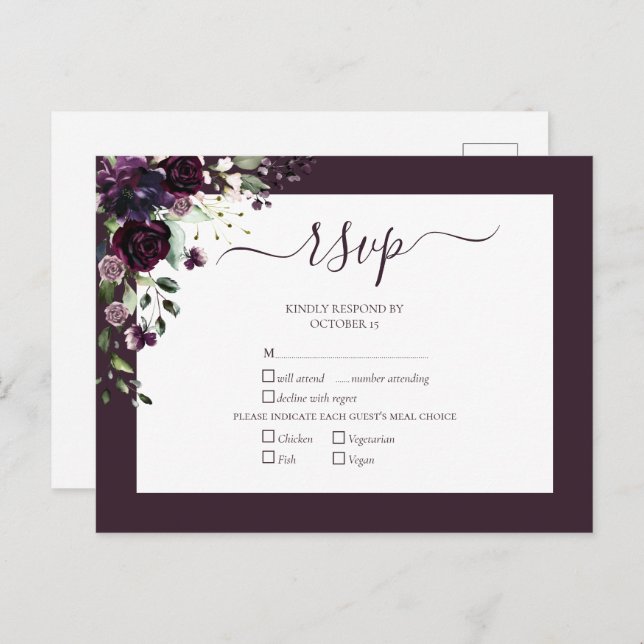 Plum Lila Blumenschrift Wedding RSVP Einladungspostkarte (Vorne/Hinten)
