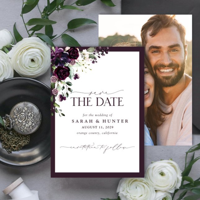 Plum Lila Blumenschrift Wedding Save the Date (Von Creator hochgeladen)