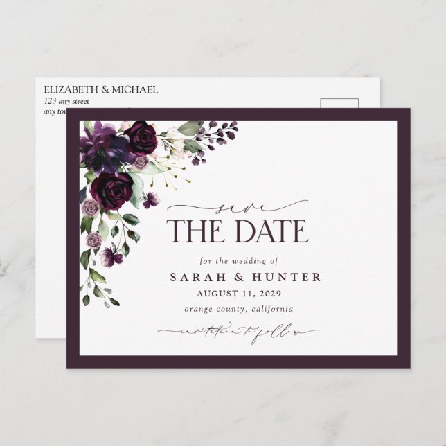 Plum Lila Blumenschrift Wedding Save the Date Einladungspostkarte (Vorne/Hinten)