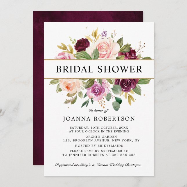 Plum Lila Blush Pink Botanisches Brautparty Einladung (Vorne/Hinten)