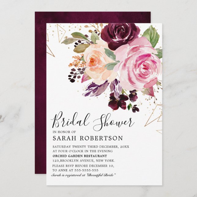 Plum Lila Blush Pink Botanisches Brautparty Einladung (Vorne/Hinten)