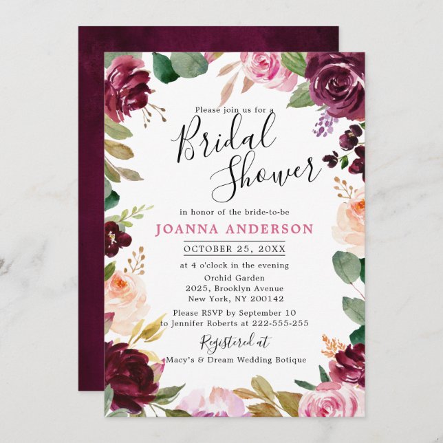 Plum Lila Blush Pink Botanisches Brautparty Einladung (Vorne/Hinten)