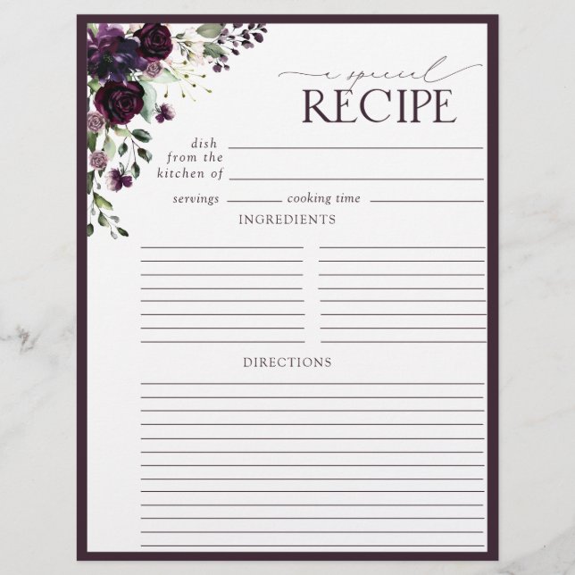 Plum Lila Brautparty Recipe Binder Page (Vorderseite)