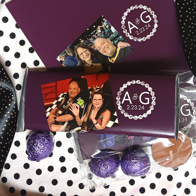 Plum Lila Custom Wedding Candy Bar Wrapper Flyer (plum purple wedding candy bars, personalized couples names on chocolate bar wrappers)