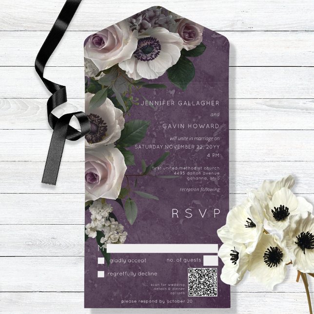 Plum Lila Elegant Floral Modern QR Code All In One Einladung (Von Creator hochgeladen)