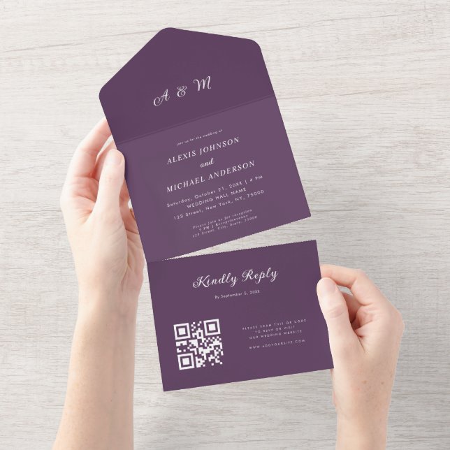 Plum Lila Elegant Monogram QR Code Hochzeit All In One Einladung (Abreißen)