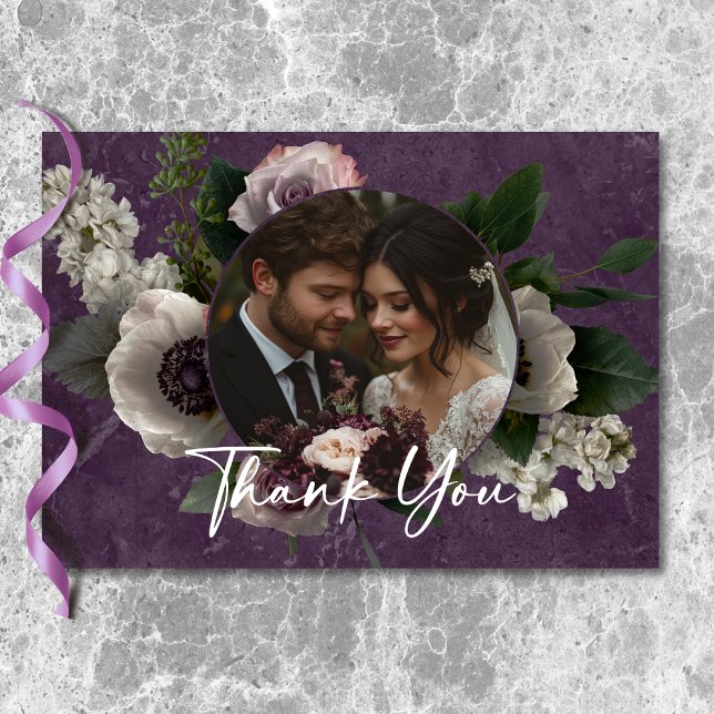 Plum Lila Elegante Flora Modernes Hochzeitsfest Fo Dankeskarte (Plum Purple Elegant Floral Modern Wedding Photo Thank You Card)