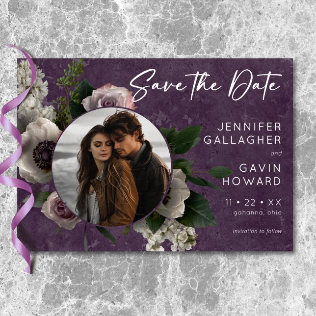 Plum Lila Elegante Flora Modernes Hochzeitsfest Fo Save The Date (Plum Purple Elegant Floral Modern Wedding Photo Save The Date)