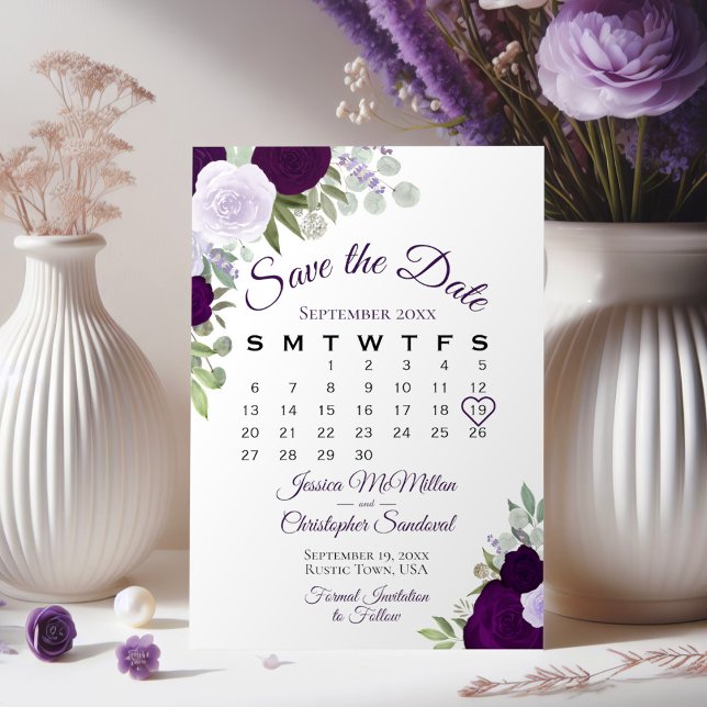 Plum Lila Floral Elegante Boho Hochzeitskalender Save The Date (Von Creator hochgeladen)
