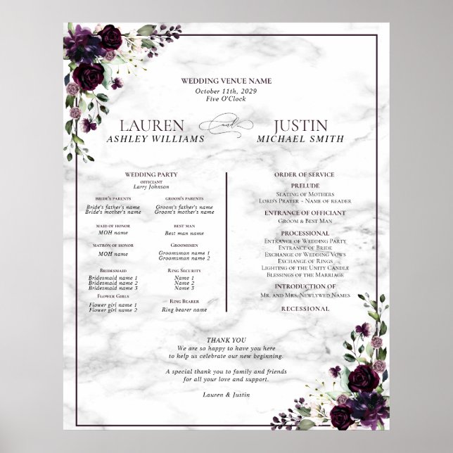 Plum Lila Floral Marble Wedding Program Poster (Vorne)