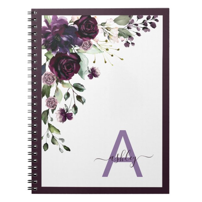 Plum Lila floral Script Name Monogram Initial Notizblock (Vorderseite)