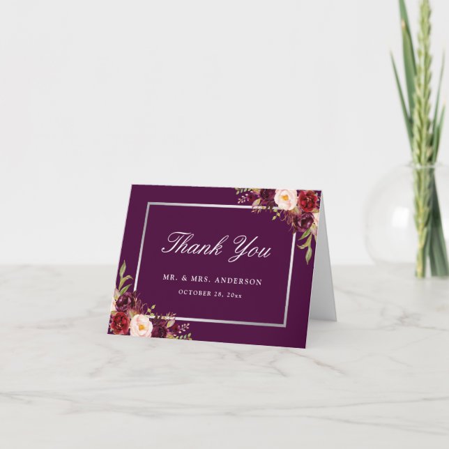 Plum Lila Floral Silver Gray Wedding Danke (Vorderseite)