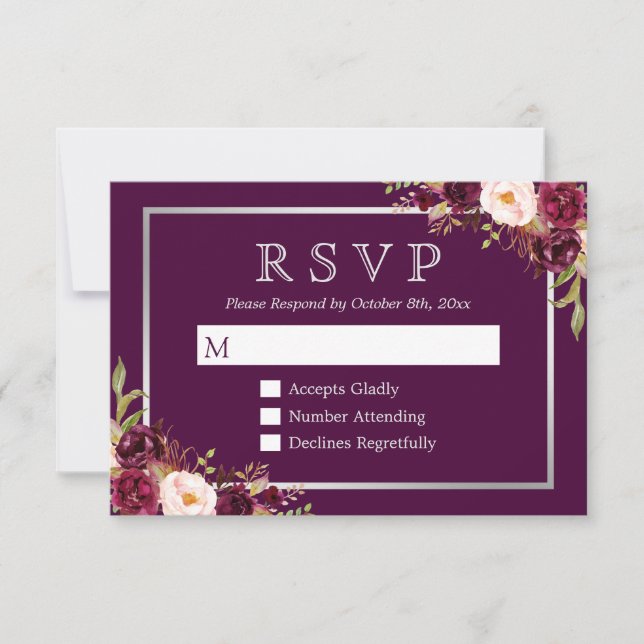 Plum Lila floral Silver Gray Wedding RSVP (Vorderseite)