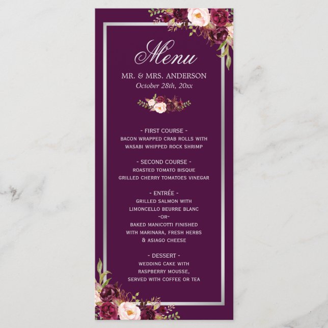 Plum Lila Floral Silver Grey Wedding Menu Card Menükarte (Vorderseite)