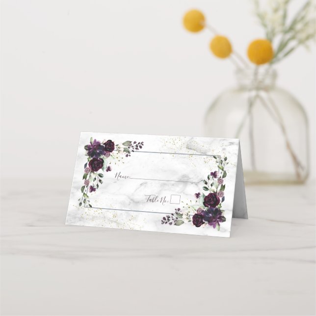 Plum Lila Gold Floral Platzkarte (Vorderseite)