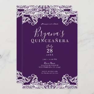 Plum Lila Gold Lace Elegantes Quinceñera Party Einladung