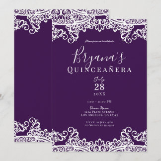 Plum Lila Gold Lace Elegantes Quinceñera Party Einladung