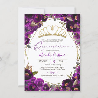 Plum Lila Gold Watercolor Floral Quinceañera Inv. Einladung