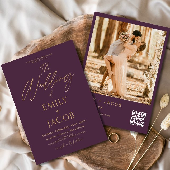Plum Lila Gold Wedding QR Code Foto Script Einladung (Von Creator hochgeladen)