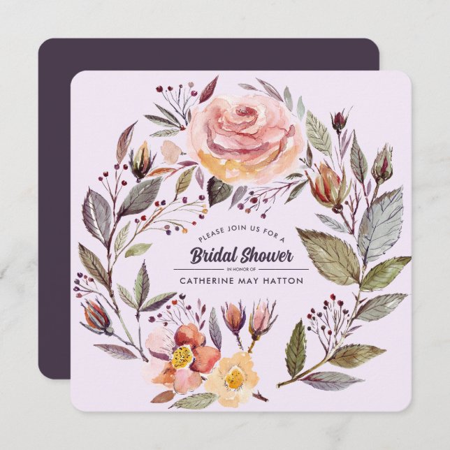 Plum Lila Herbst Blumendusche Einladung (Vorne/Hinten)