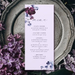 Plum Lila & Indigo Blue Elegante Blumenhochzeit Menükarte<br><div class="desc">Dieses Hochzeitsmenü umfasst ein Aquarellbouquet mit lila Pflaumenbäumen und indigoblauen Blumen mit stylischer Kalligraphie auf Lavendelhintergrund. Klicken Sie auf die Schaltfläche "DESIGN TOOL",  um eine erweiterte Anpassung dieses Designs zu erhalten. Matching-Elemente sind ebenfalls verfügbar.</div>