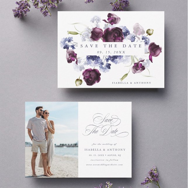 Plum Lila & Indigo Blue Floral Wedding Foto Save The Date (Front & Back)