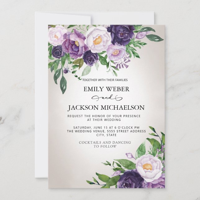 Plum Lila Lavender Greenery Gray Wedding Einladung (Vorderseite)
